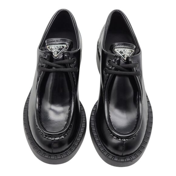 Prada Triangle Logo Lace-Up Shoes - Brushed Leather - Black 35.5 5.5US $1250 - Picture 4 of 9